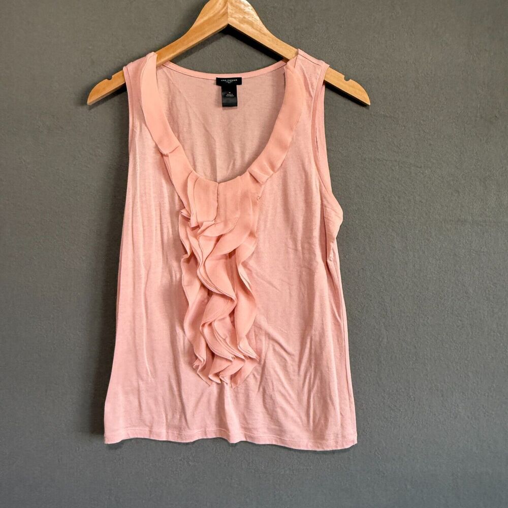 Ann Taylor Womens Medium Blush Pink Knit Tank Top Sheer Cascade Ruffle Layering